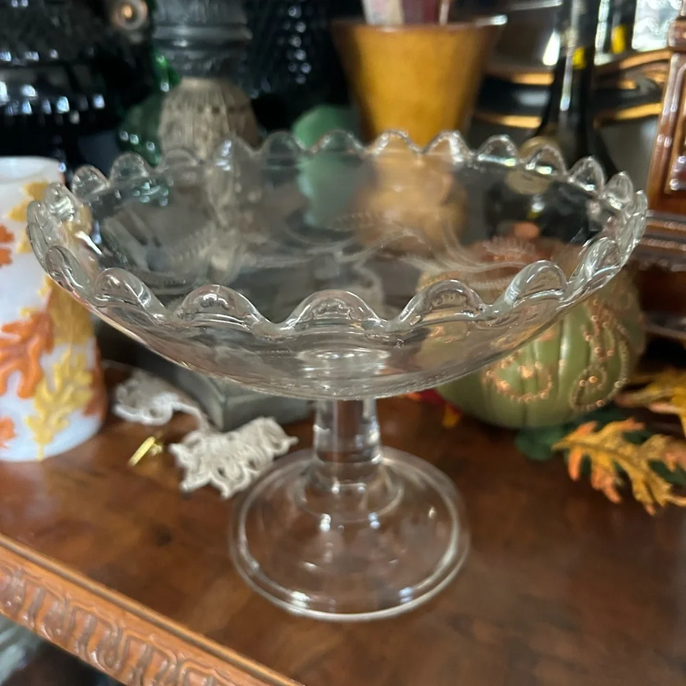 Antique Engraved Glass Footed Compote